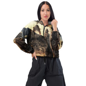 all over print womens cropped windbreaker black front 63e55c6d91b99